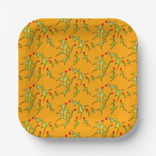 Christmas Holly Jolly Leaves on Yellow Gold Paper Plate