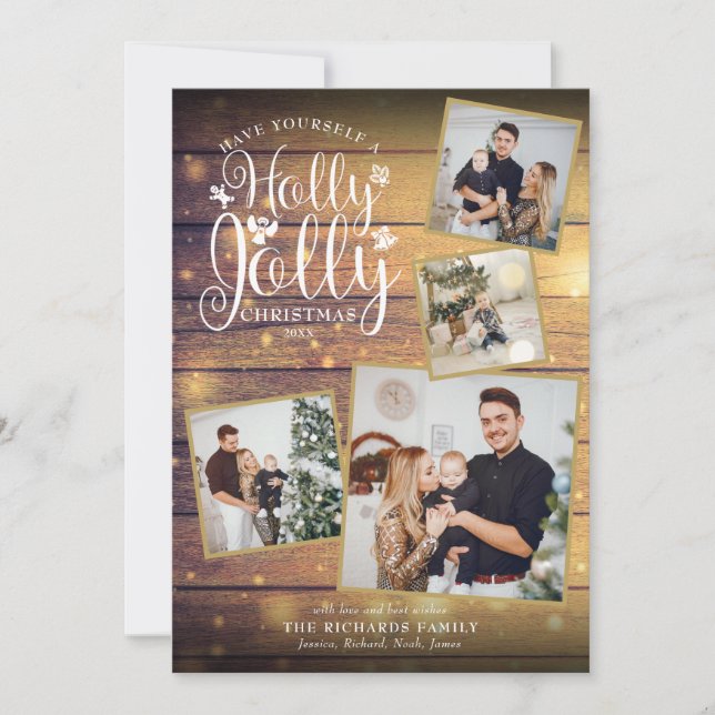 Christmas Holly Jolly Photo Collage Rustic Wood Holiday Card (Front)