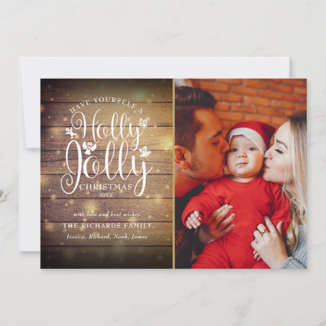 Christmas Holly Jolly Script Rustic Wood Photo Holiday Card (Front)