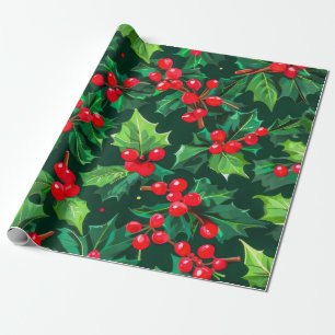 Christmas Holly Leaves and Berries Pattern Wrapping Paper