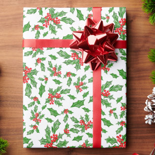 Christmas holly leaves and berries red and green wrapping paper