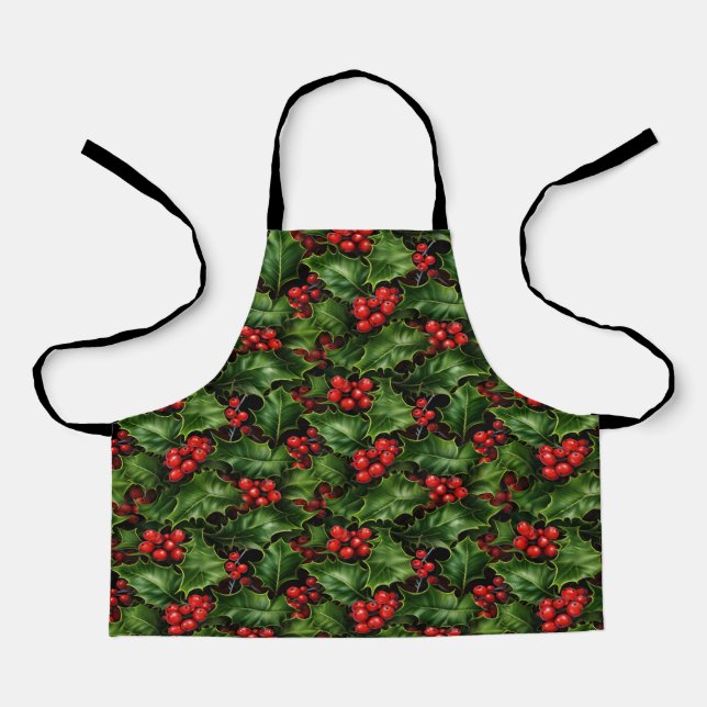 Christmas Holly Leaves And Red Berries Pattern Apron (Front)
