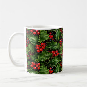 Christmas Holly Leaves And Red Berries Pattern Coffee Mug