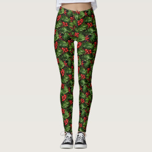 Christmas Holly Leaves And Red Berries Pattern Leggings