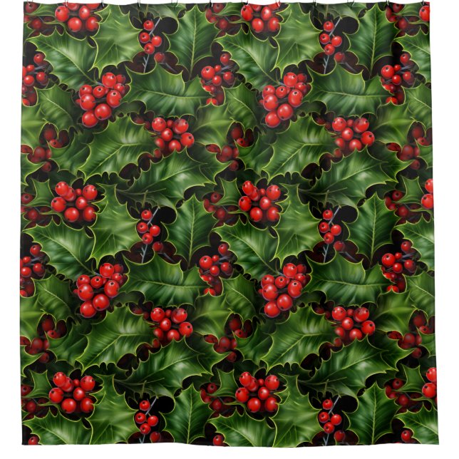 Christmas Holly Leaves And Red Berries Pattern Shower Curtain (Front)
