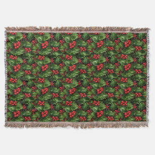Christmas Holly Leaves And Red Berries Pattern Throw Blanket