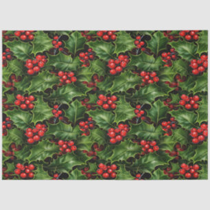 Christmas Holly Leaves And Red Berries Pattern Tissue Paper