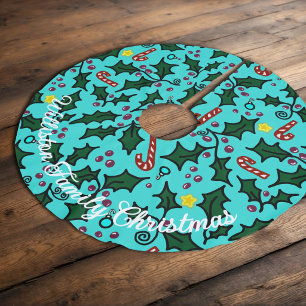 Christmas Holly Leaves Art Pattern Family Name Brushed Polyester Tree Skirt
