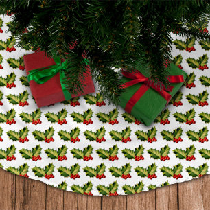 Christmas Holly Leaves & Berries Brushed Polyester Tree Skirt