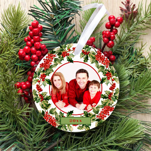 Christmas Holly Leaves & Berries Custom Photo Ceramic Ornament