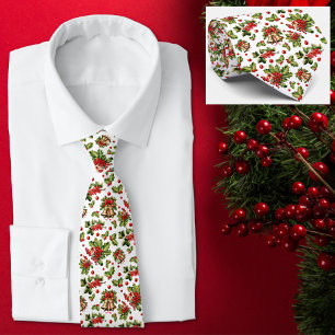 Christmas Holly Leaves, Berries & Gold Bells Tie