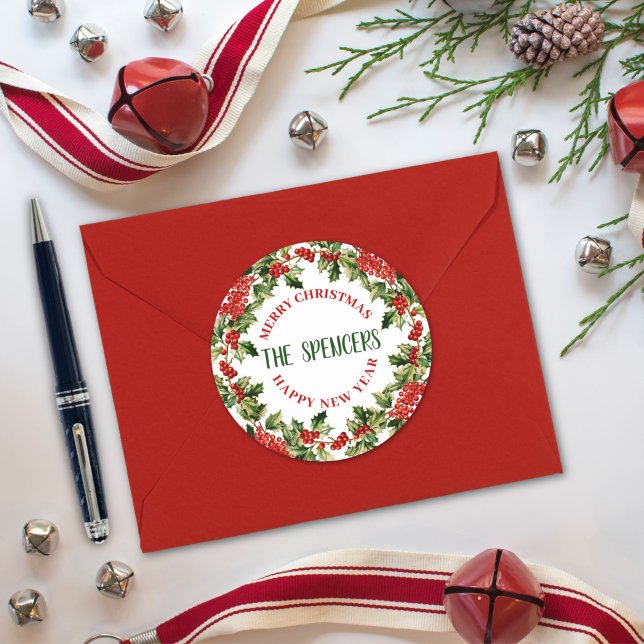 Christmas Holly Leaves & Berries Merry Christmas  Classic Round Sticker (Creator Uploaded)