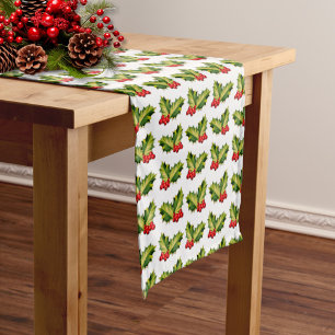Christmas Holly Leaves & Berries Short Table Runner