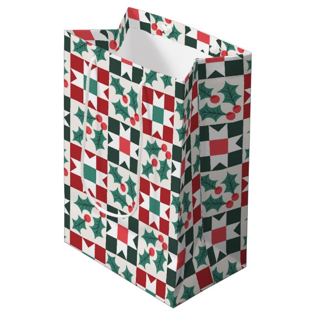 Christmas Holly Leaves Geo Quilt Medium Gift Bag (Front Angled)