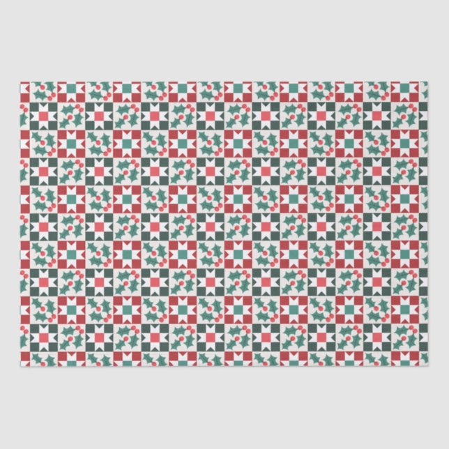 Christmas Holly Leaves Geo Quilt Tissue Paper (Front)
