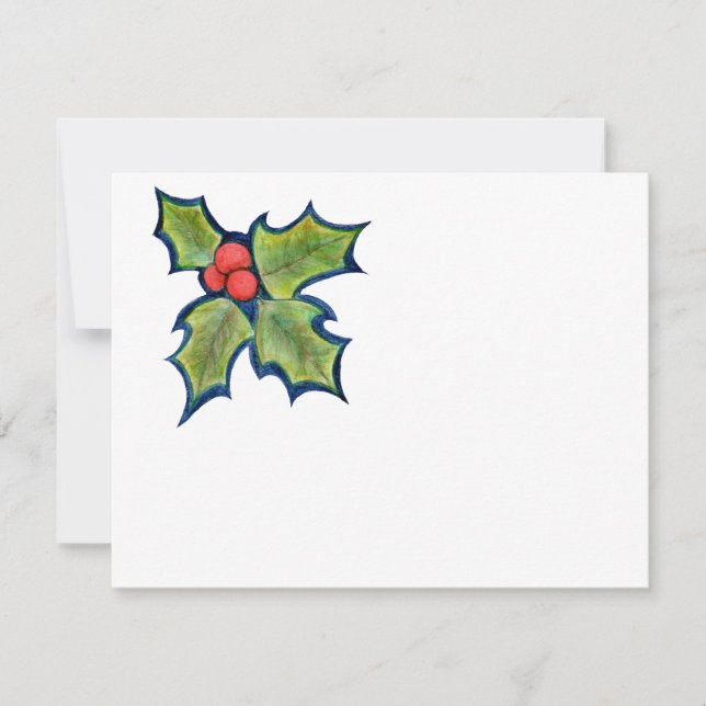 Christmas Holly Leaves, Red Berries Holiday Card (Front)