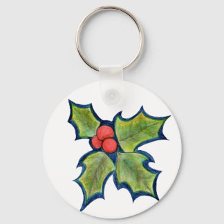 Christmas Holly Leaves, Red Berries Key Ring