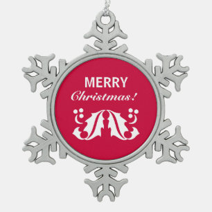Christmas Holly Leaves Snowflake Pewter Christmas Ornament