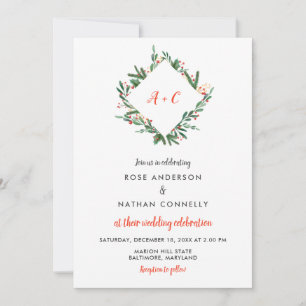 Christmas Holly Leaves   Winter Wedding Monogram Invitation