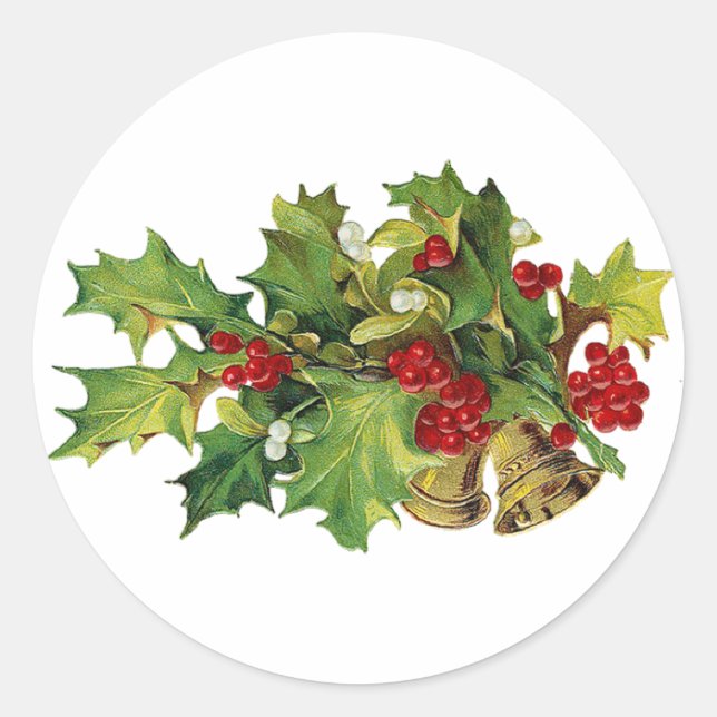 Christmas Holly, MIsteltoe and Brass Bells Classic Round Sticker (Front)