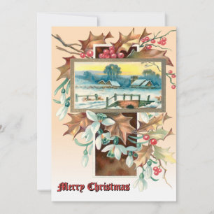Christmas Holly & Mistletoe Winter Landscape Holiday Card