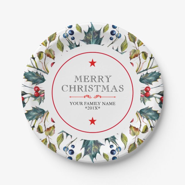 Christmas holly modern watercolors paper plate (Front)
