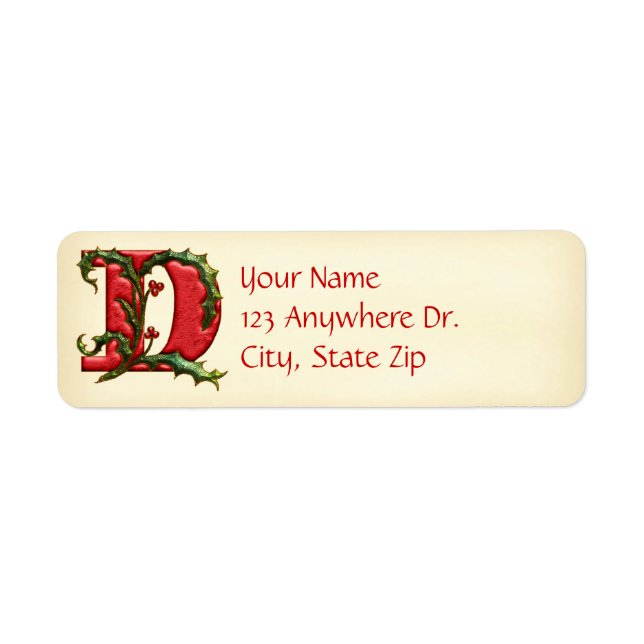 Christmas Holly Monogram D Return Address Label (Front)