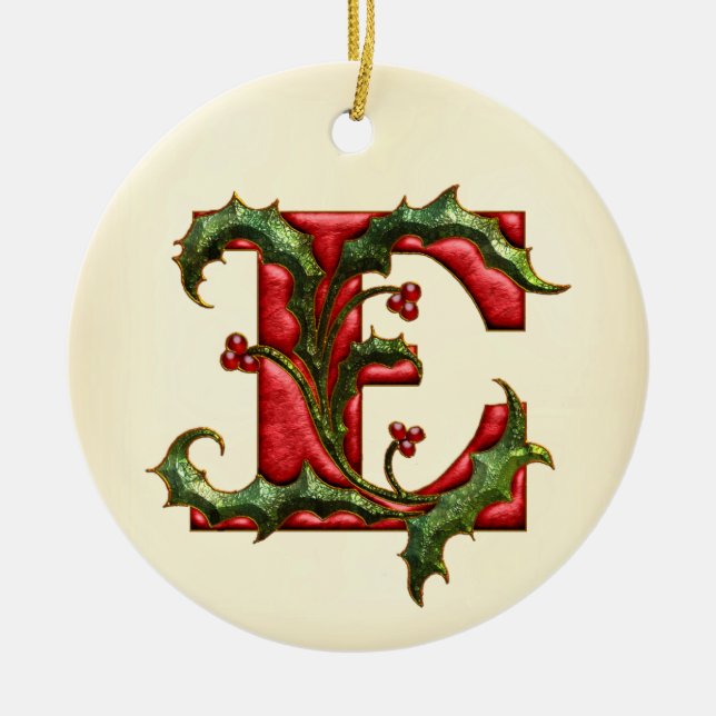 Christmas Holly Monogram E Ceramic Ornament (Front)