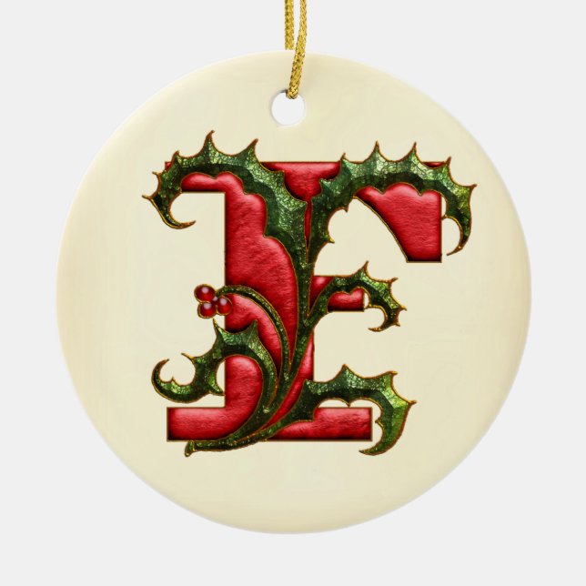 Christmas Holly Monogram F Ceramic Tree Decoration (Front)