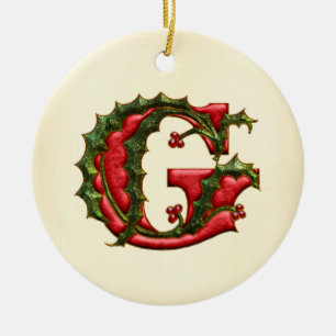 Christmas Holly Monogram G Ceramic Ornament