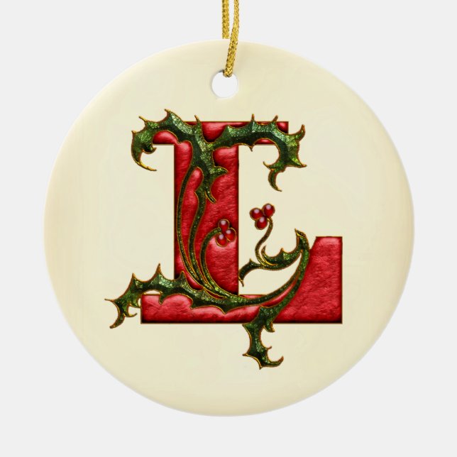 Christmas Holly Monogram L Ceramic Ornament (Front)