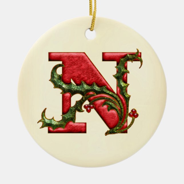 Christmas Holly Monogram N Ceramic Tree Decoration (Front)