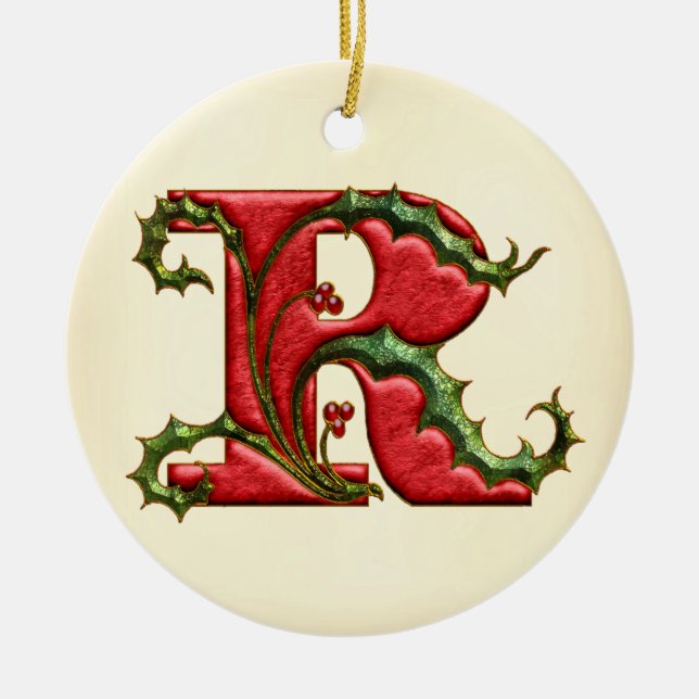 Christmas Holly Monogram R Ceramic Ornament (Front)