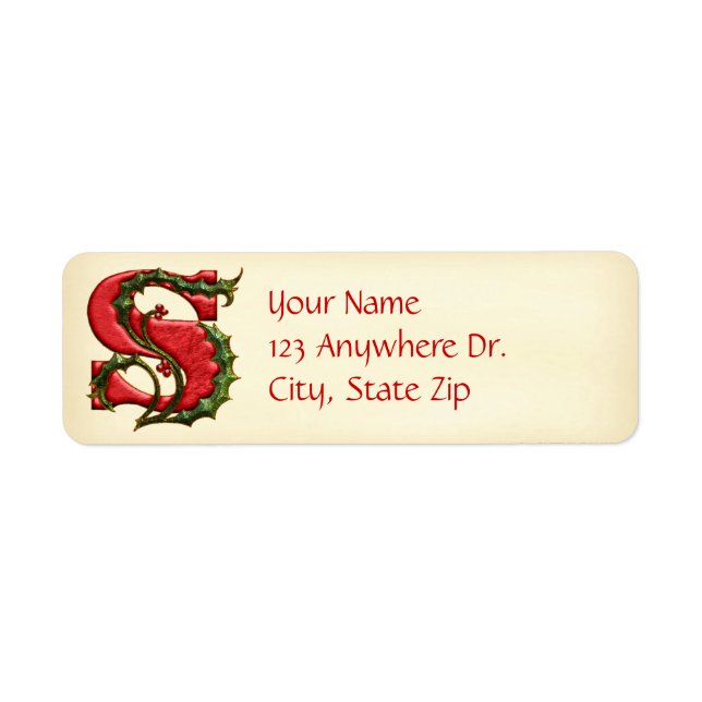 Christmas Holly Monogram S Return Address Label (Front)