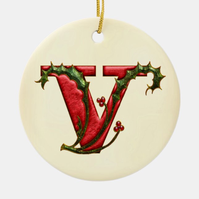 Christmas Holly Monogram V Ceramic Ornament (Front)