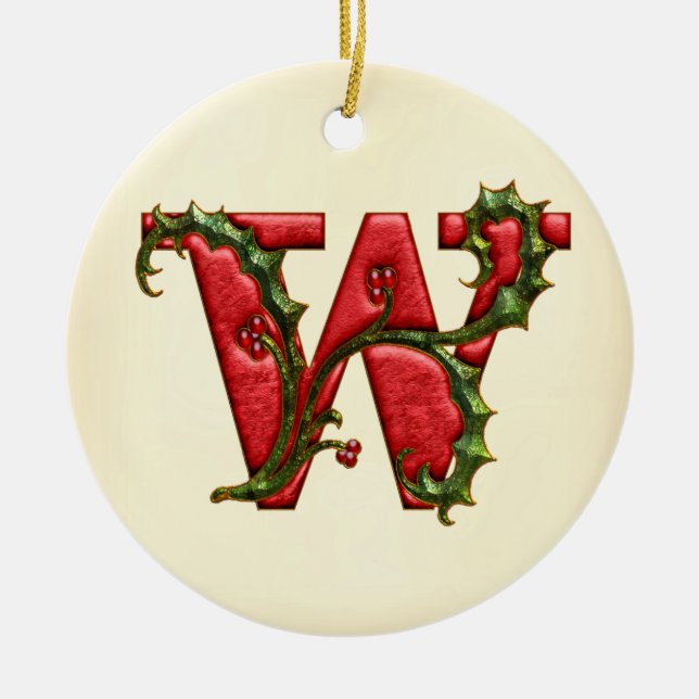Christmas Holly Monogram W Ceramic Tree Decoration (Front)