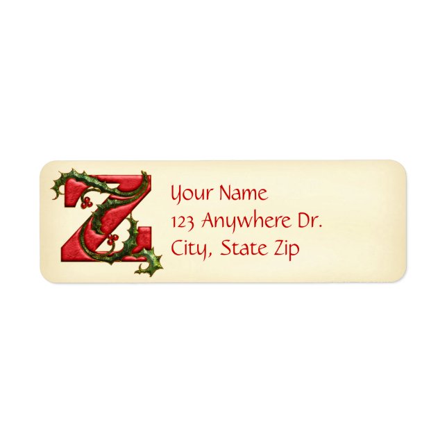 Christmas Holly Monogram Z Return Address Label (Front)