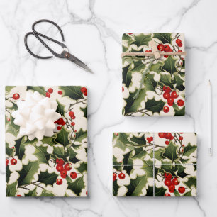Christmas Holly on Light Background Wrapping Paper Sheet