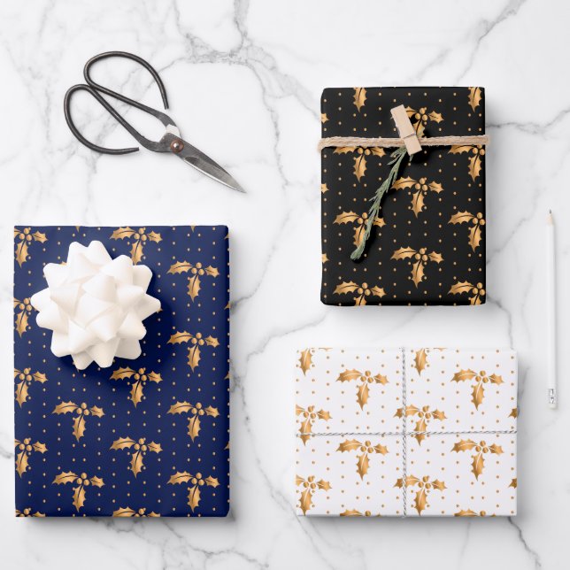 Christmas Holly on Navy Blue, Black and White Wrapping Paper Sheet (Front)
