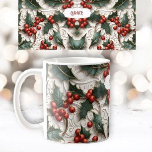 Christmas Holly Ornamental Pattern Name Mug