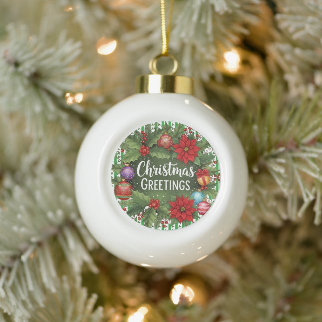 Christmas Holly Pattern Ceramic Ball Christmas Ornament (Tree)