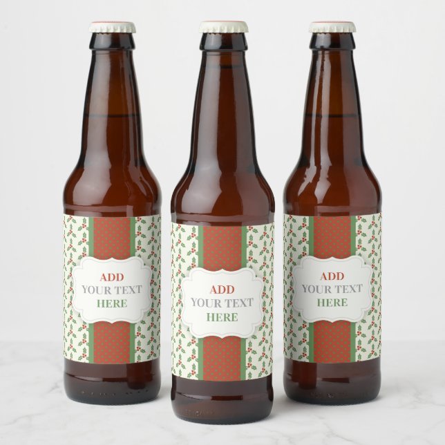 Christmas Holly Pattern Green Holly Red Berries Beer Bottle Label (Bottles)