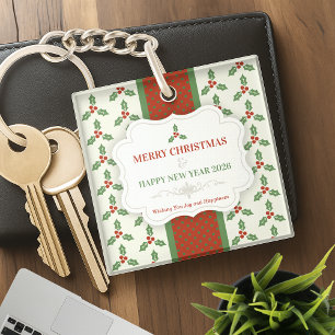 Christmas Holly Pattern Green Holly Red Berries Key Ring