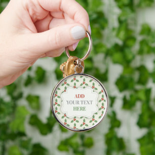 Christmas Holly Pattern Green Holly Red Berries Key Ring