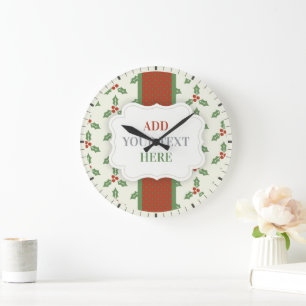 Christmas Holly Pattern Green Holly Red Berries Large Clock
