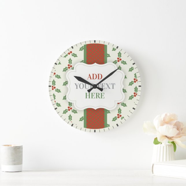 Christmas Holly Pattern Green Holly Red Berries Large Clock (Home)