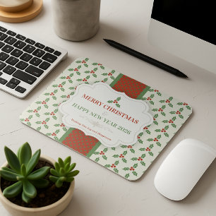Christmas Holly Pattern Green Holly Red Berries Mouse Pad