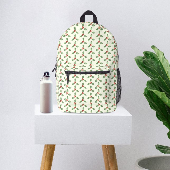 Christmas Holly Pattern Green Holly Red Berries Printed Backpack (Creator Uploaded)