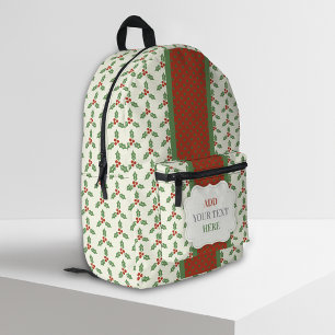 Christmas Holly Pattern Green Holly Red Berries Printed Backpack
