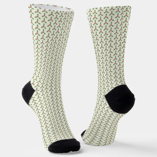 Christmas Holly Pattern Green Holly Red Berries Socks (Angled)